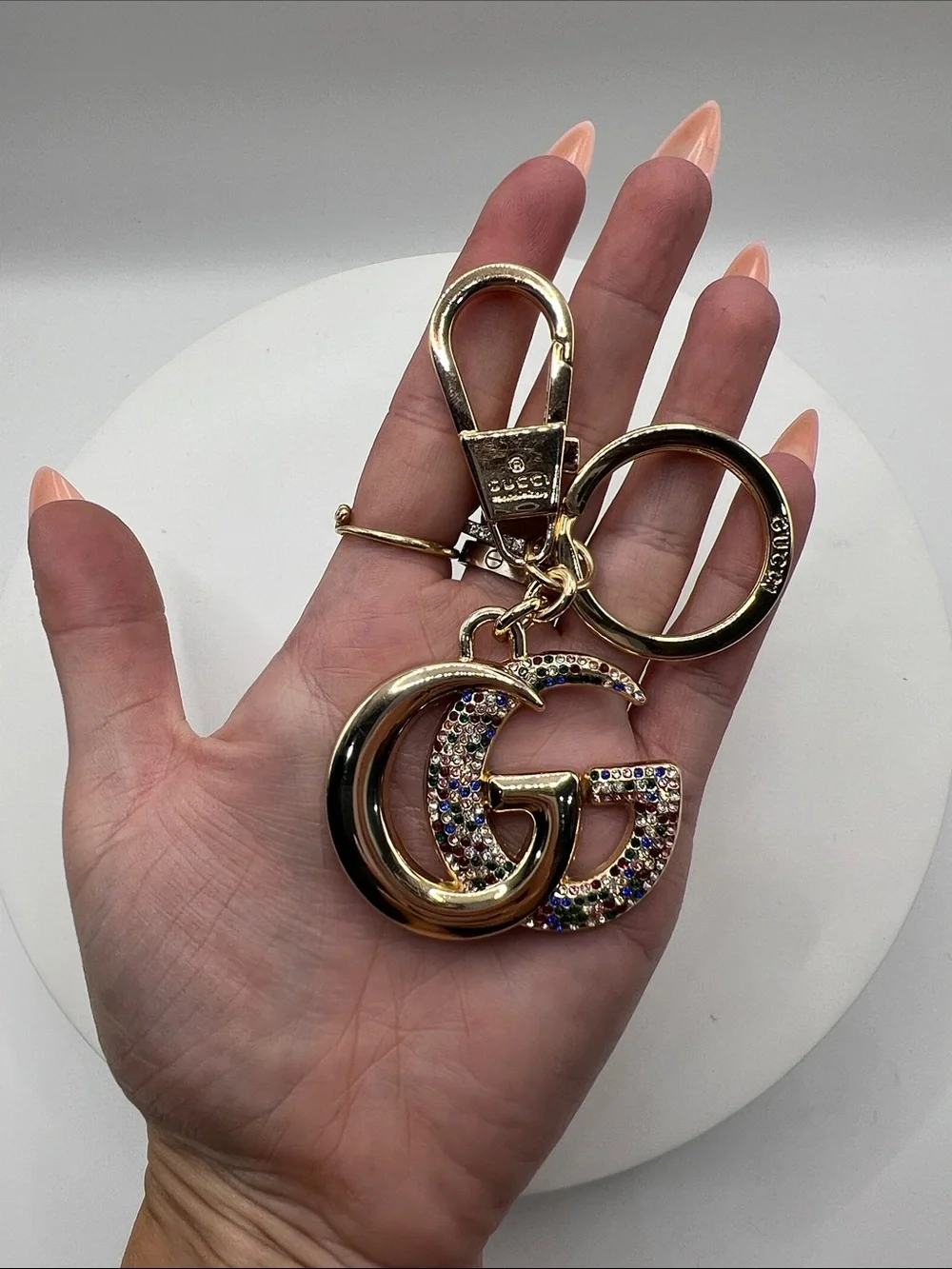 1447.  Gold Double G Multi Color Crystal-Encrusted Keyring or Bag Charm